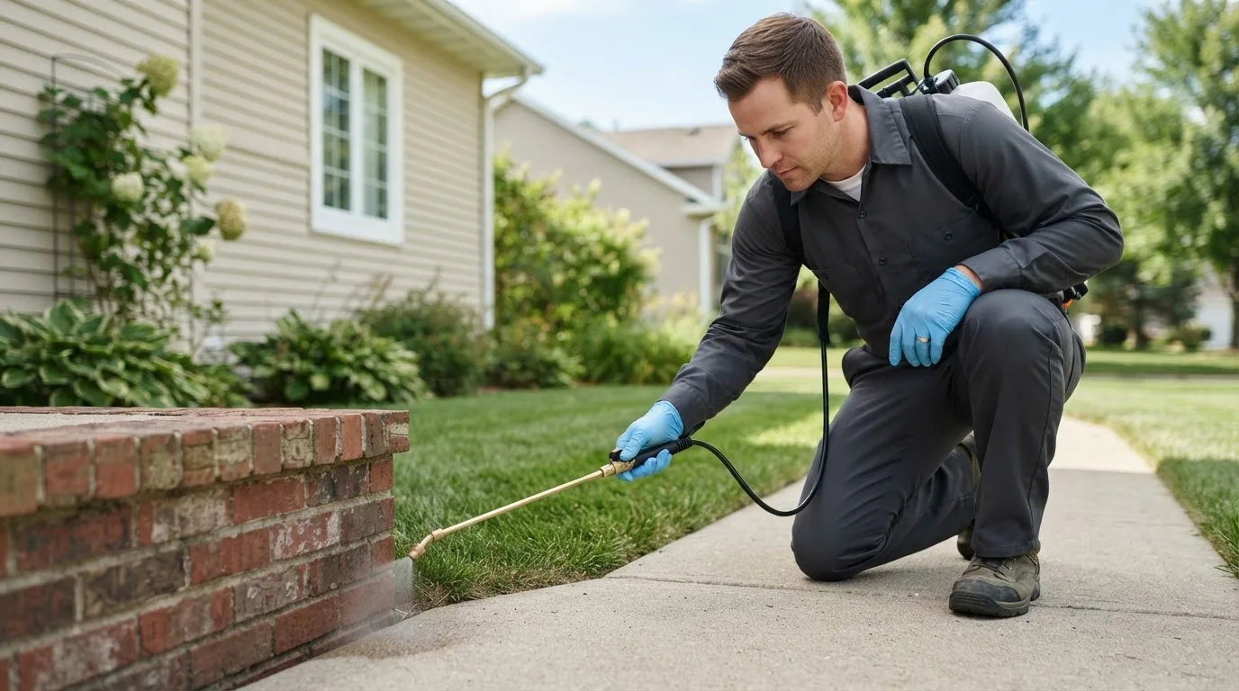 Pest control technician treating a home near Bowdon, ND